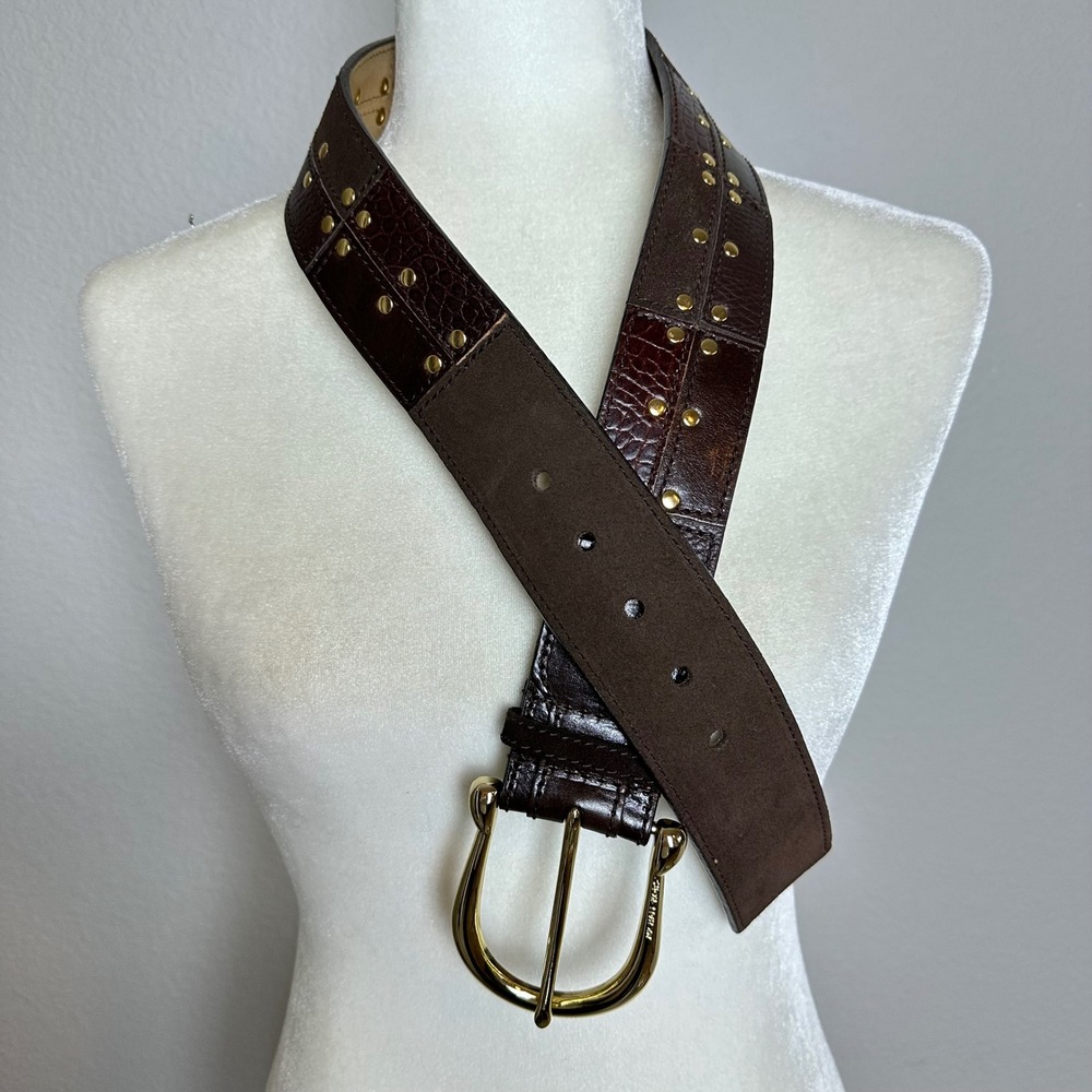 Michael Kors Brown Leather Suede Patchwork Studded Waist Belt Gold Buckle Small - Picture 6 of 10
